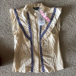 Cider Blue and Cream Short Sleeve Tee with Ruffles and Floral Embroidery